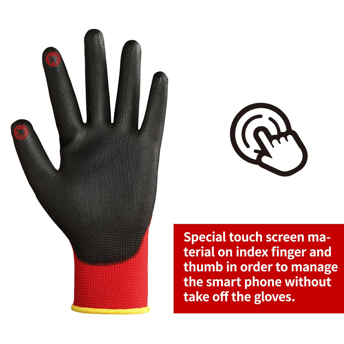 DULFINE Safety Work Gloves PU Coated – 12 Pairs, Red Seamless Knit, Touchscreen Ready (Large)