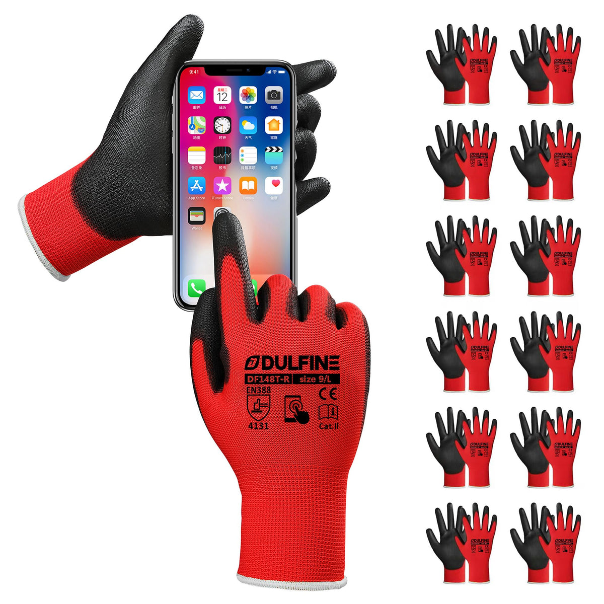 DULFINE Safety Work Gloves PU Coated – 12 Pairs, Red Seamless Knit, Touchscreen Ready (Large)