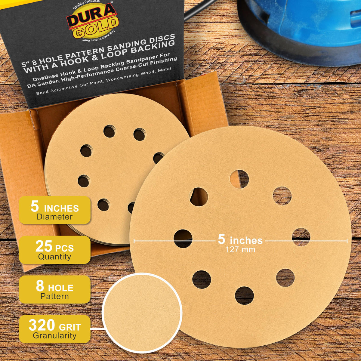 Dura-Gold Premium 320 Grit 5-inch Sanding Discs | 50 Pack, 8-Hole Dustless, Hook & Loop