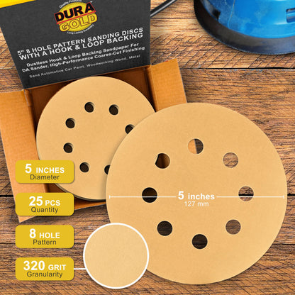 Dura-Gold Premium 320 Grit 5-inch Sanding Discs | 50 Pack, 8-Hole Dustless, Hook & Loop