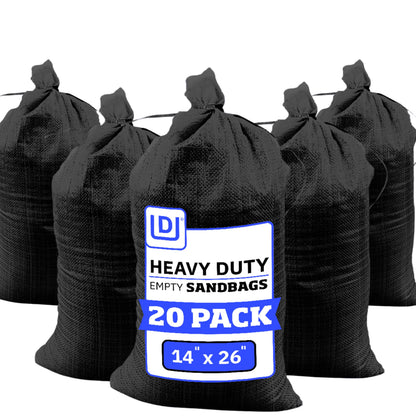DURASACK Heavy Duty Sand Bags – 14x26 in, 50 lb Capacity, UV Protected, Pack of 20 with Tie Strings