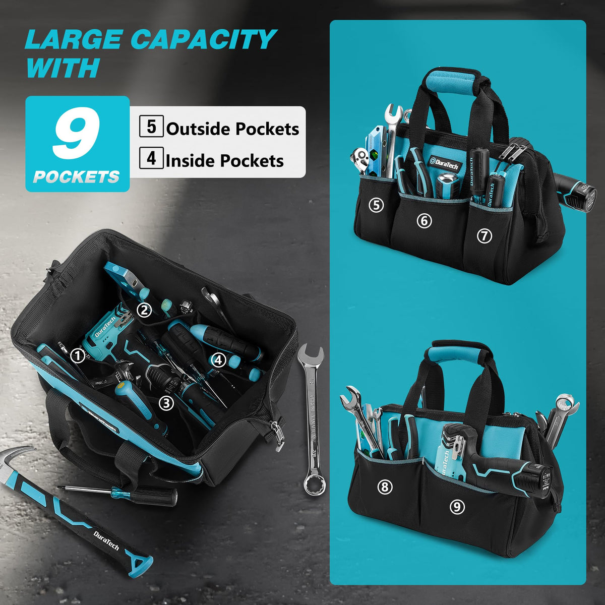 DURATECH 13-Inch Small Tool Bag with 9 Pockets – Durable Wide-M Mouth Carrier