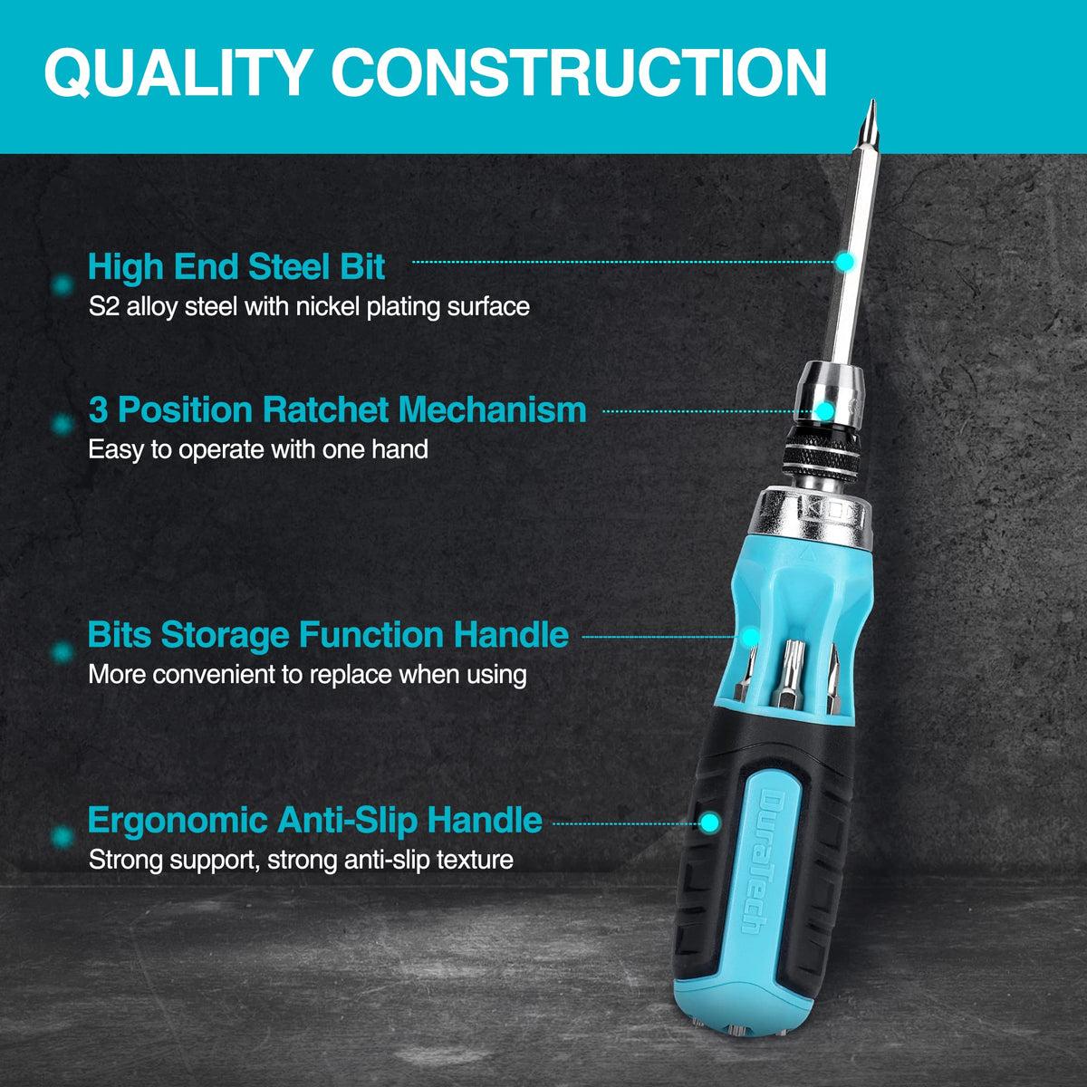 DURATECH 2PC Ratcheting Screwdriver Set — 12-in-1 Standard & Stubby with Quick-Load Bits