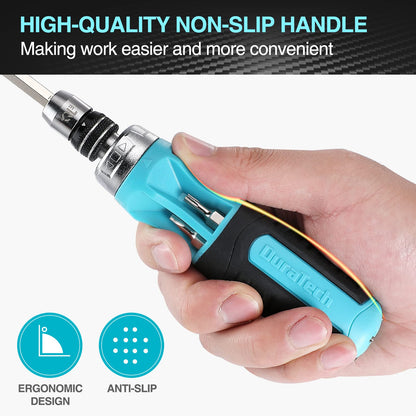 DURATECH 2PC Ratcheting Screwdriver Set — 12-in-1 Standard & Stubby with Quick-Load Bits
