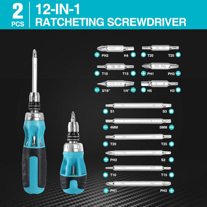 DURATECH 2PC Ratcheting Screwdriver Set — 12-in-1 Standard & Stubby with Quick-Load Bits