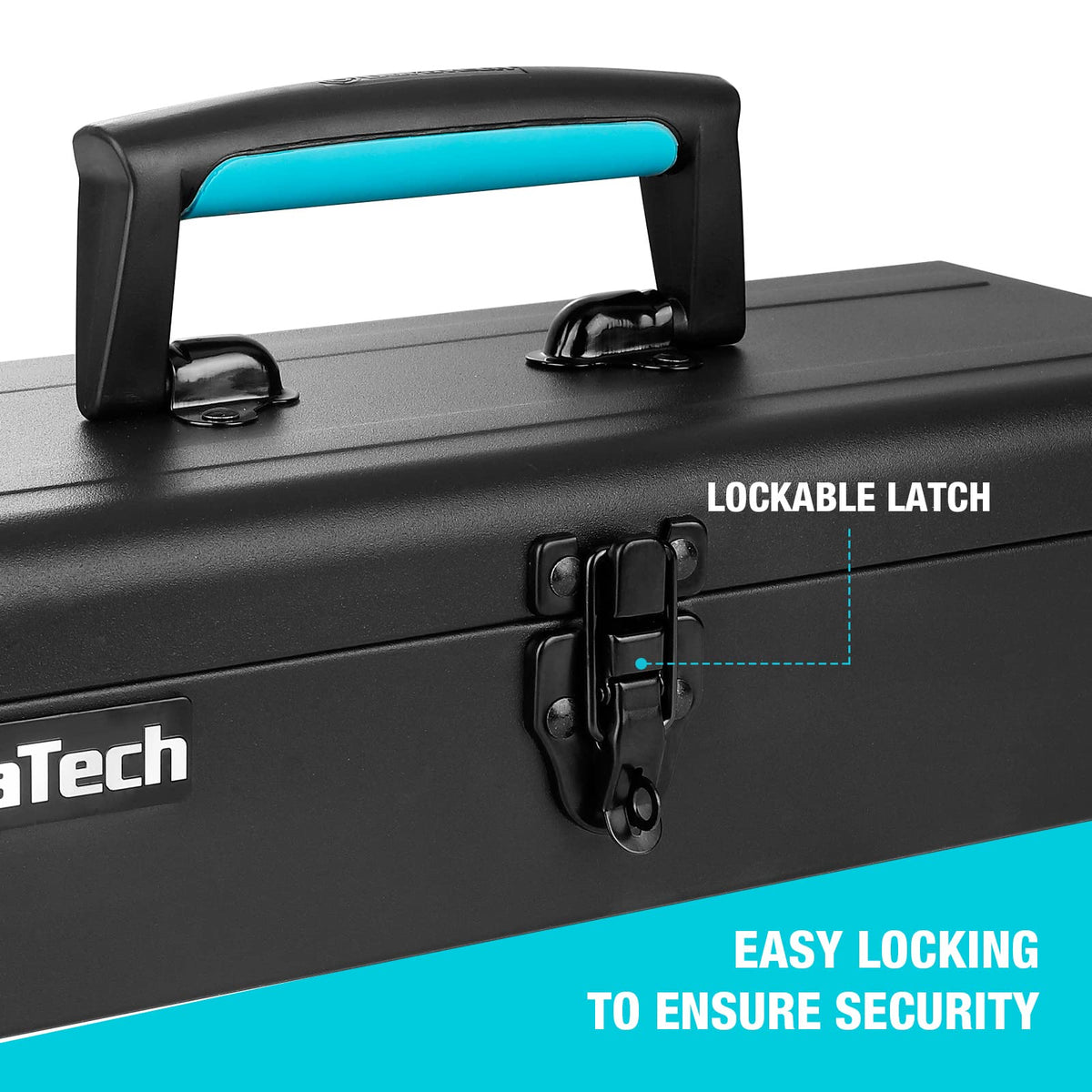 DuraTech 15-Inch Portable Steel Tool Box – Lockable Latch, Anti-Slip Base, Black