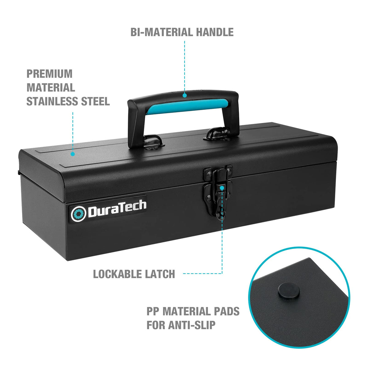 DuraTech 15-Inch Portable Steel Tool Box – Lockable Latch, Anti-Slip Base, Black