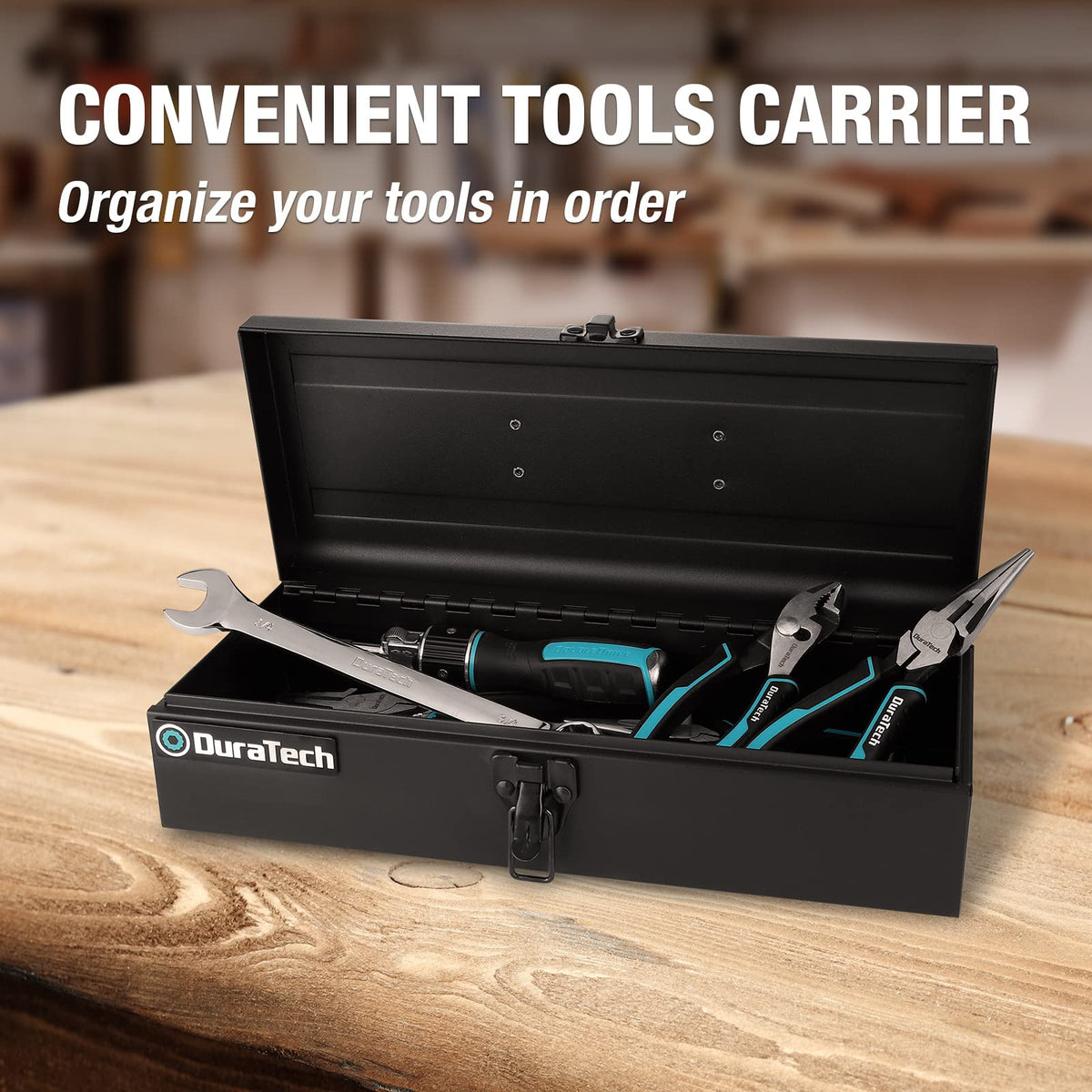 DuraTech 15-Inch Portable Steel Tool Box – Lockable Latch, Anti-Slip Base, Black