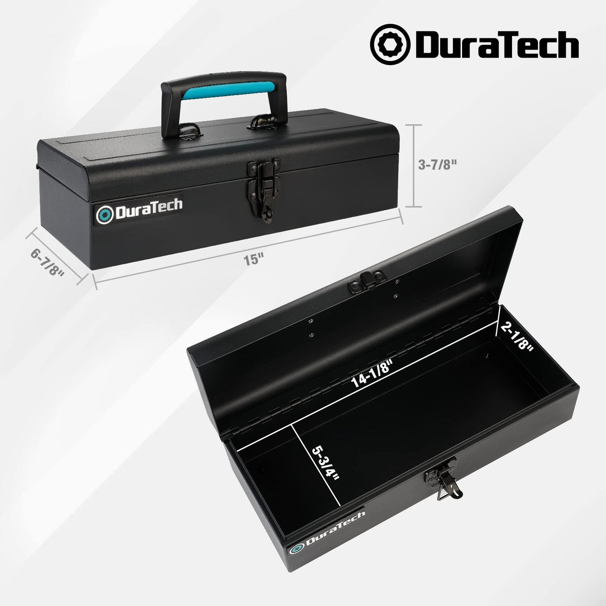 DuraTech 15-Inch Portable Steel Tool Box – Lockable Latch, Anti-Slip Base, Black