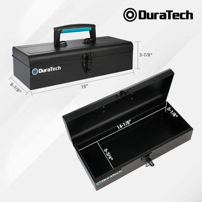 DuraTech 15-Inch Portable Steel Tool Box – Lockable Latch, Anti-Slip Base, Black