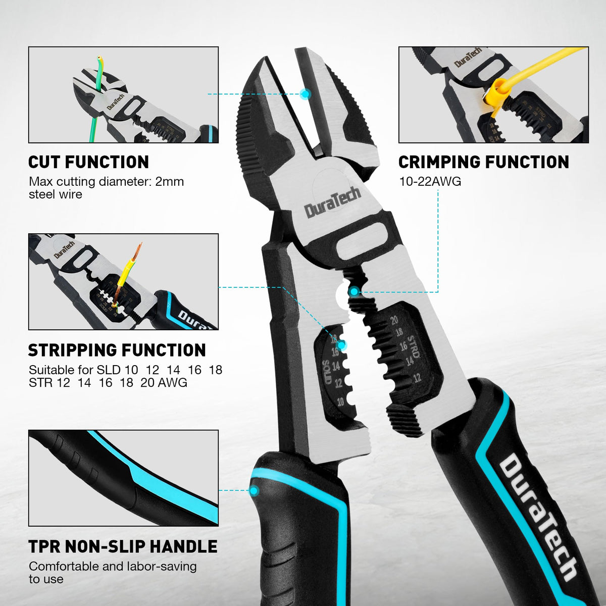 DURATECH 4-in-1 Diagonal Cutting Pliers — 8" Heavy-Duty Wire Cutter & Wire Stripper