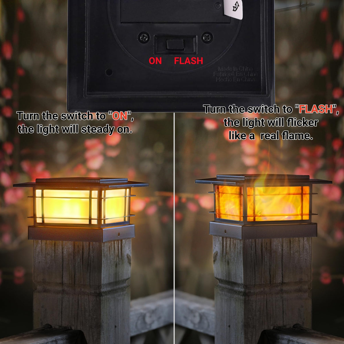 Dynaming 2 Pack Solar Post Cap Lights with Flickering Flame – Outdoor Fence Post Lights for 4x4–6x6 Posts