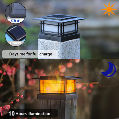 Dynaming 2 Pack Solar Post Cap Lights with Flickering Flame – Outdoor Fence Post Lights for 4x4–6x6 Posts