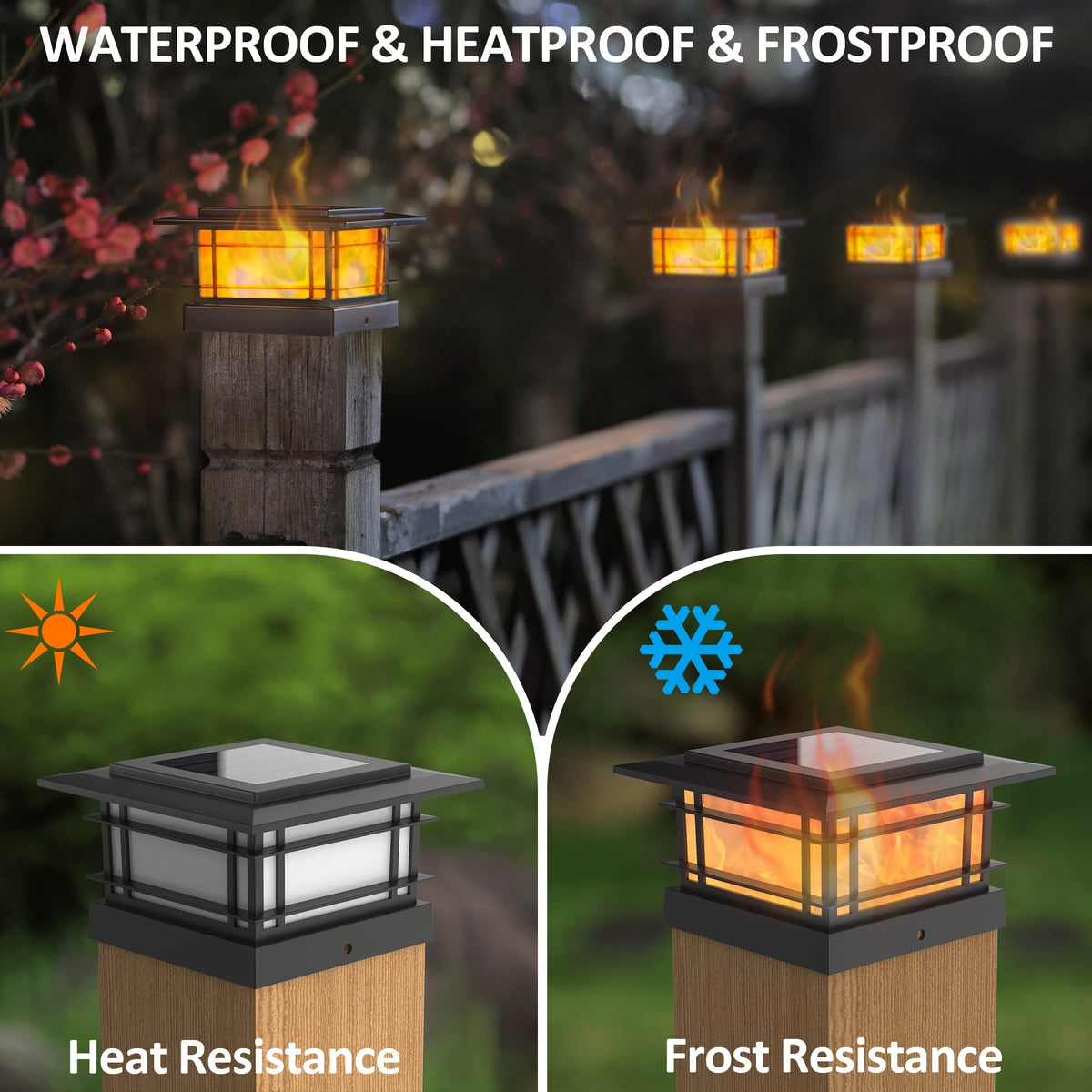 Dynaming 2 Pack Solar Post Cap Lights with Flickering Flame – Outdoor Fence Post Lights for 4x4–6x6 Posts