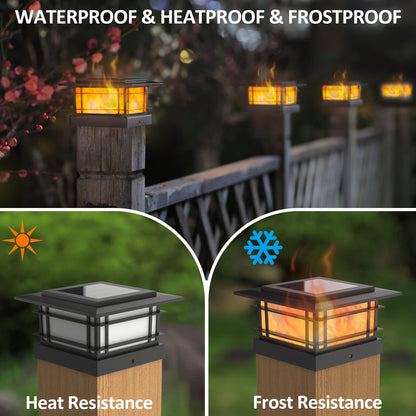 Dynaming 2 Pack Solar Post Cap Lights with Flickering Flame – Outdoor Fence Post Lights for 4x4–6x6 Posts
