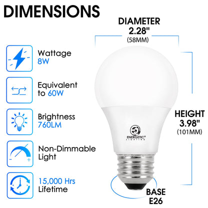 E Energetic Lighting 24-Pack A19 LED Bulbs – 60W Equivalent, 4000K Cool White, E26 Base, Non-Dimmable, ETL Listed