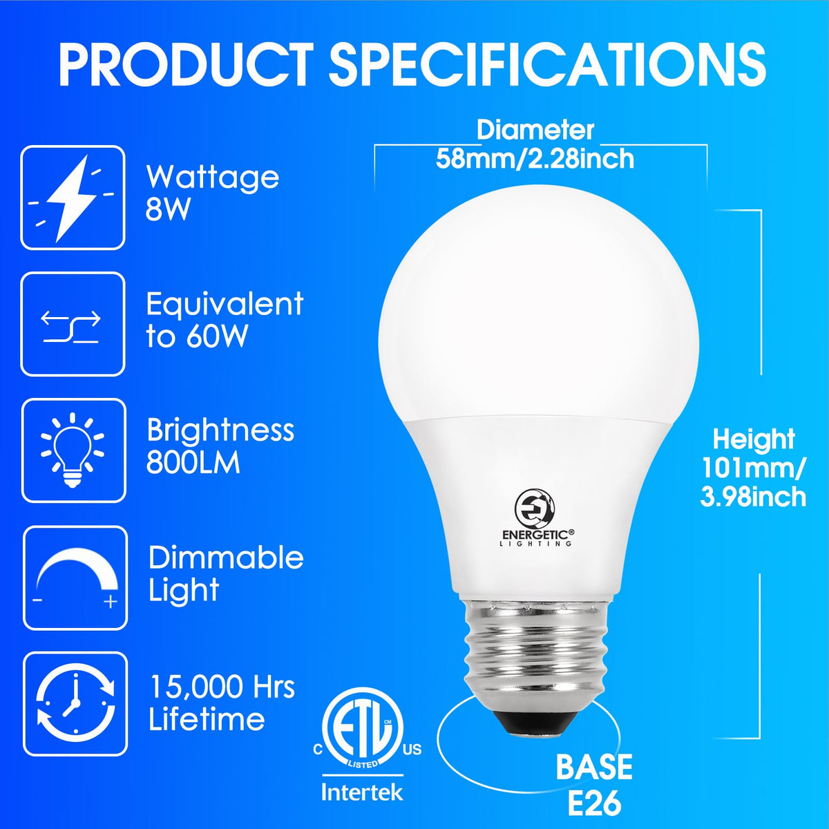 E Energetic Lighting Dimmable LED Bulbs – 60W Equivalent, 3000K Warm White, E26, 8W, 800 lm, 12-Pack