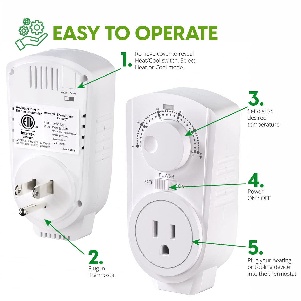 EconoHome Adjustable Thermostat – Universal Plug-in Heating & Cooling Controller