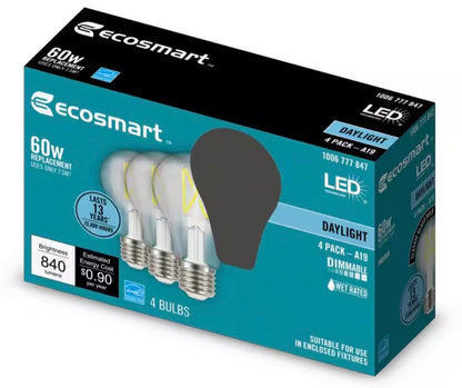 EcoSmart 60W LED Daylight A19 Bulb — 840 Lumens, 5000K, Dimmable