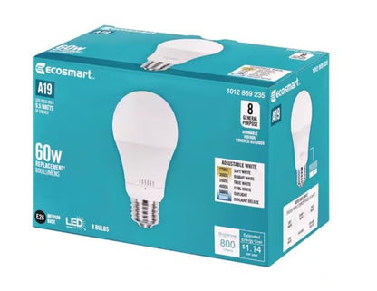EcoSmart A19 60W Equivalent LED Bulb (8-Pack) – Dimmable, Selectable Color Temperature