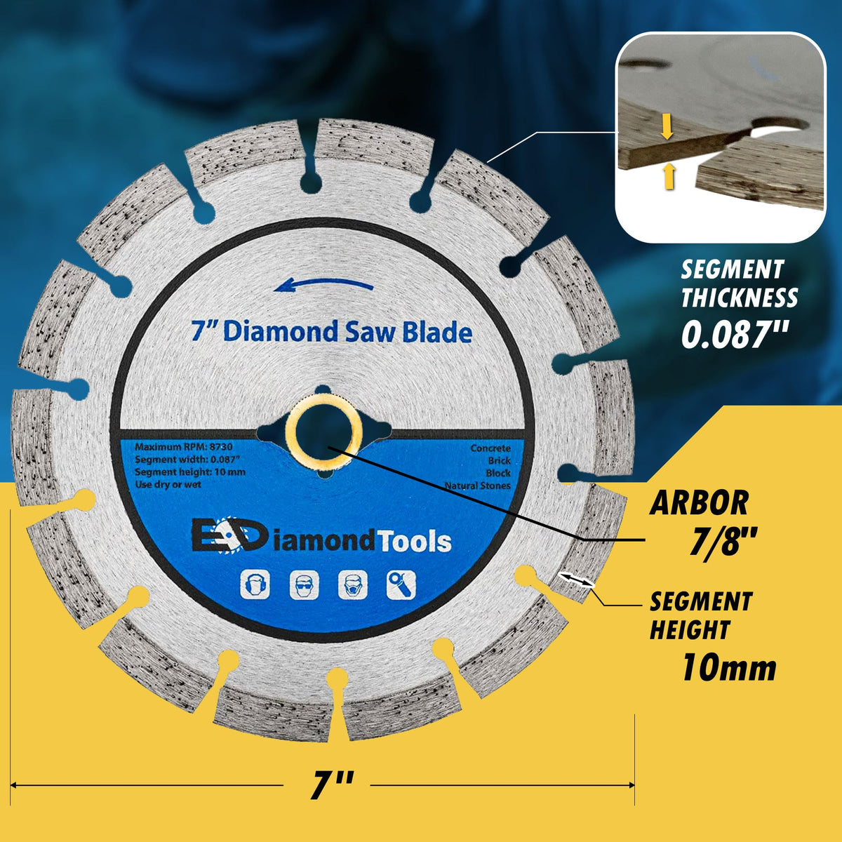 EDiamondTools 7-inch Segmented Diamond Saw Blade for Concrete, Brick, Block and Masonry | 10mm Segment Height, 7/8-inch Arbor
