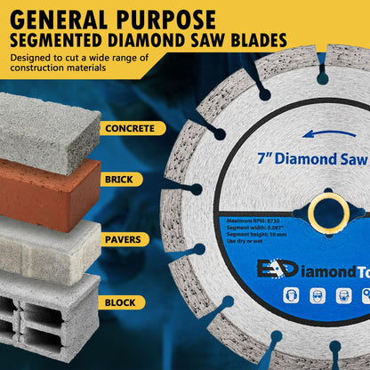 EDiamondTools 7-inch Segmented Diamond Saw Blade for Concrete, Brick, Block and Masonry | 10mm Segment Height, 7/8-inch Arbor