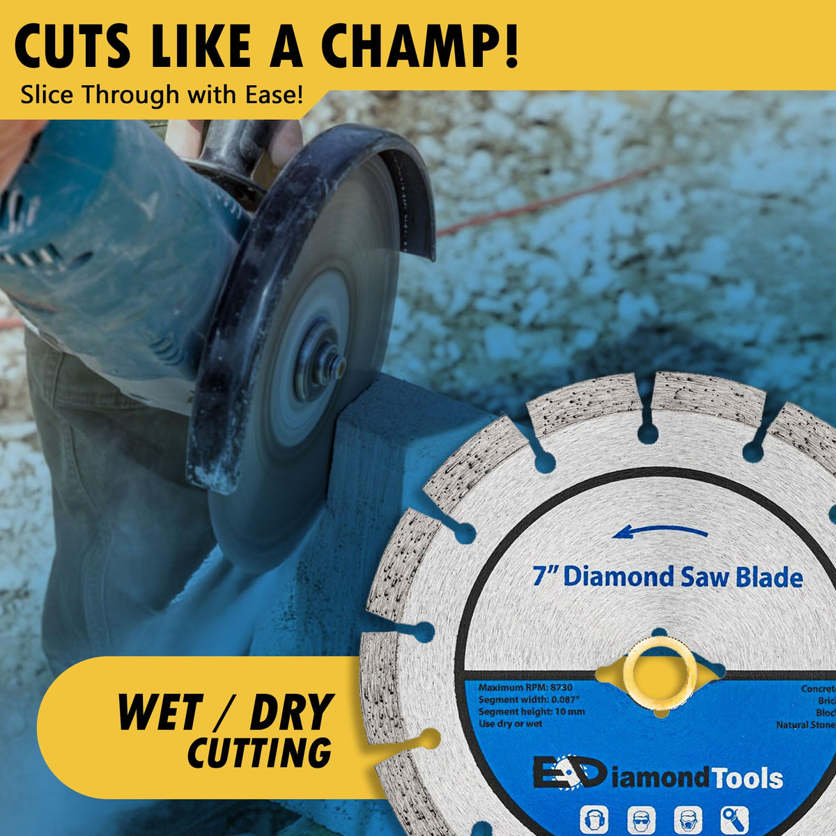 EDiamondTools 7-inch Segmented Diamond Saw Blade for Concrete, Brick, Block and Masonry | 10mm Segment Height, 7/8-inch Arbor