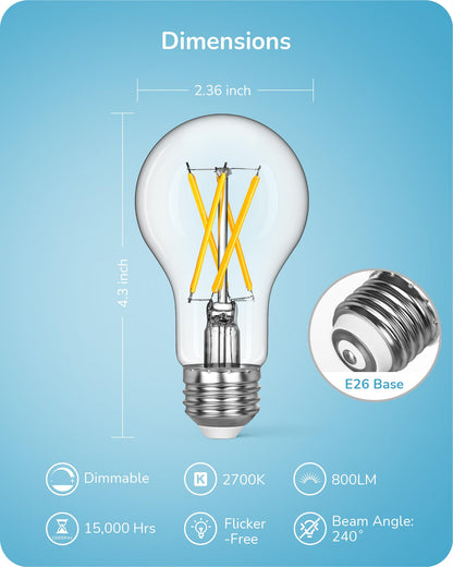 EDISHINE 6 Pack LED Edison Bulbs – Dimmable A19 Filament, 4000K Cool White, E26 | 8W (60W Equivalent)