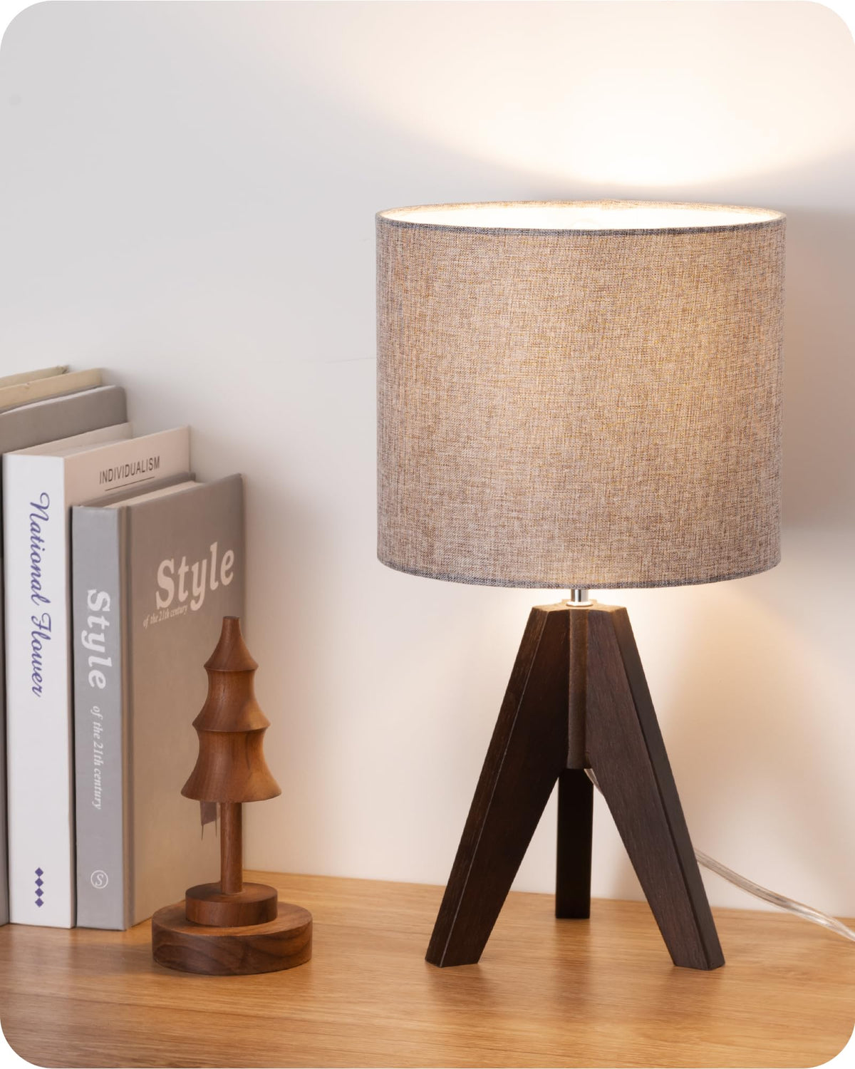 EDISHINE Boho Small Table Lamp | Walnut Tripod, Grey Linen Shade, 14.2 Inch, E26 Socket