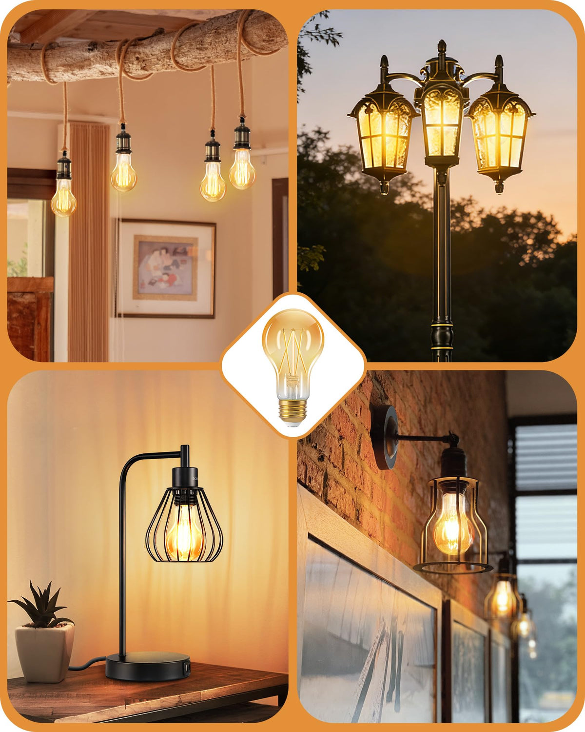 EDISHINE Vintage LED Edison Bulbs - 8W, 60W Equivalent, 2200K Amber; Dimmable, E26, 6 Pack