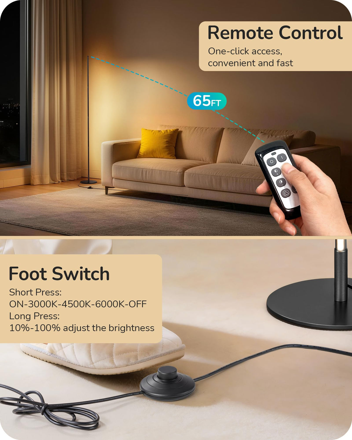 EDISHINE 59.8 inch Modern Floor Lamp — 3 Height Settings, 3 Color Temperatures, Stepless Dimming, Remote Control