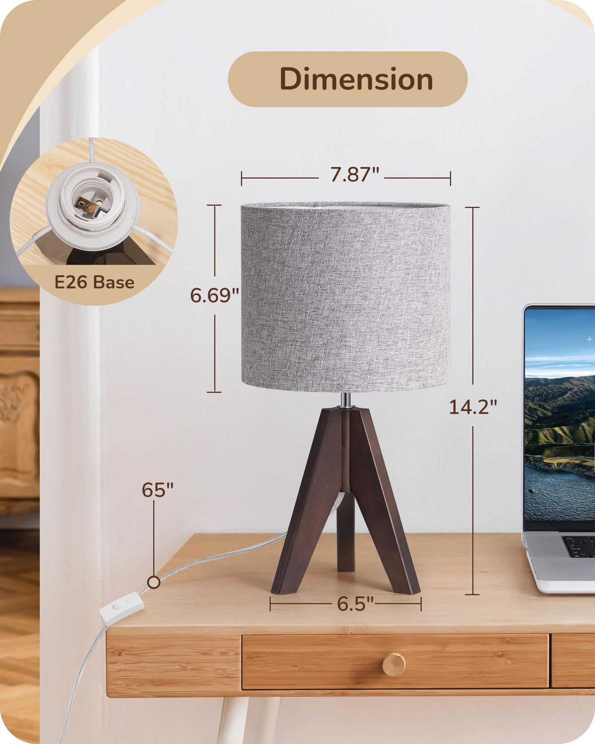 EDISHINE Boho Small Table Lamp | Walnut Tripod, Grey Linen Shade, 14.2 Inch, E26 Socket