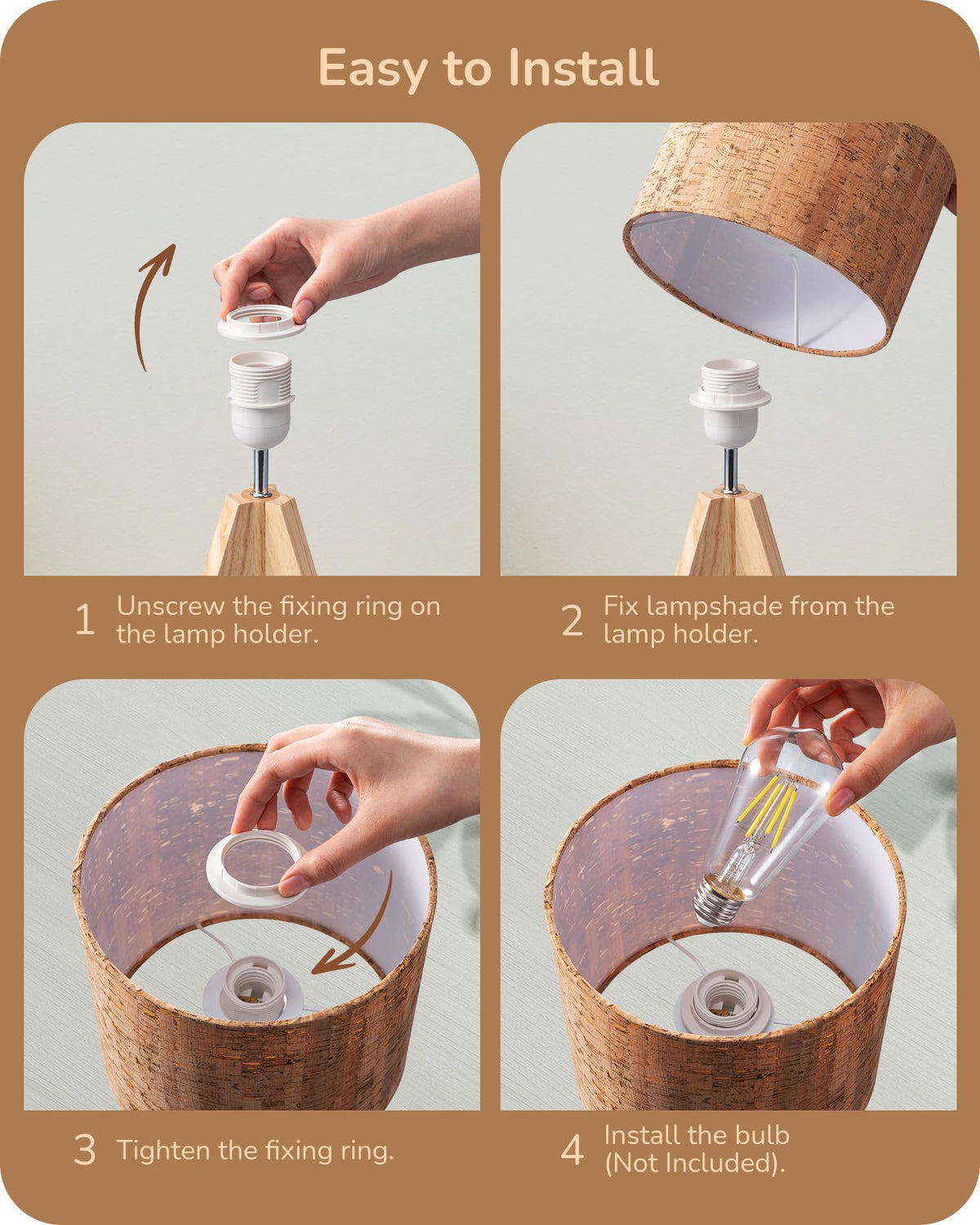 EDISHINE Small Table Lamp — Wooden Tripod, Bark Linen Shade