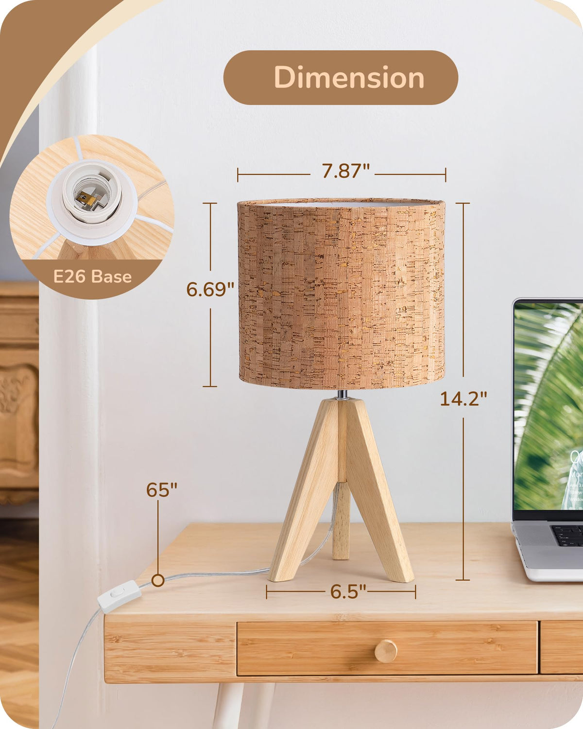 EDISHINE Small Table Lamp — Wooden Tripod, Bark Linen Shade