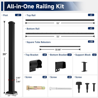 Egadis 36-in H x 12-ft W Aluminum Railing Kit — Black Textured Finish, 2 Post 2 Panel