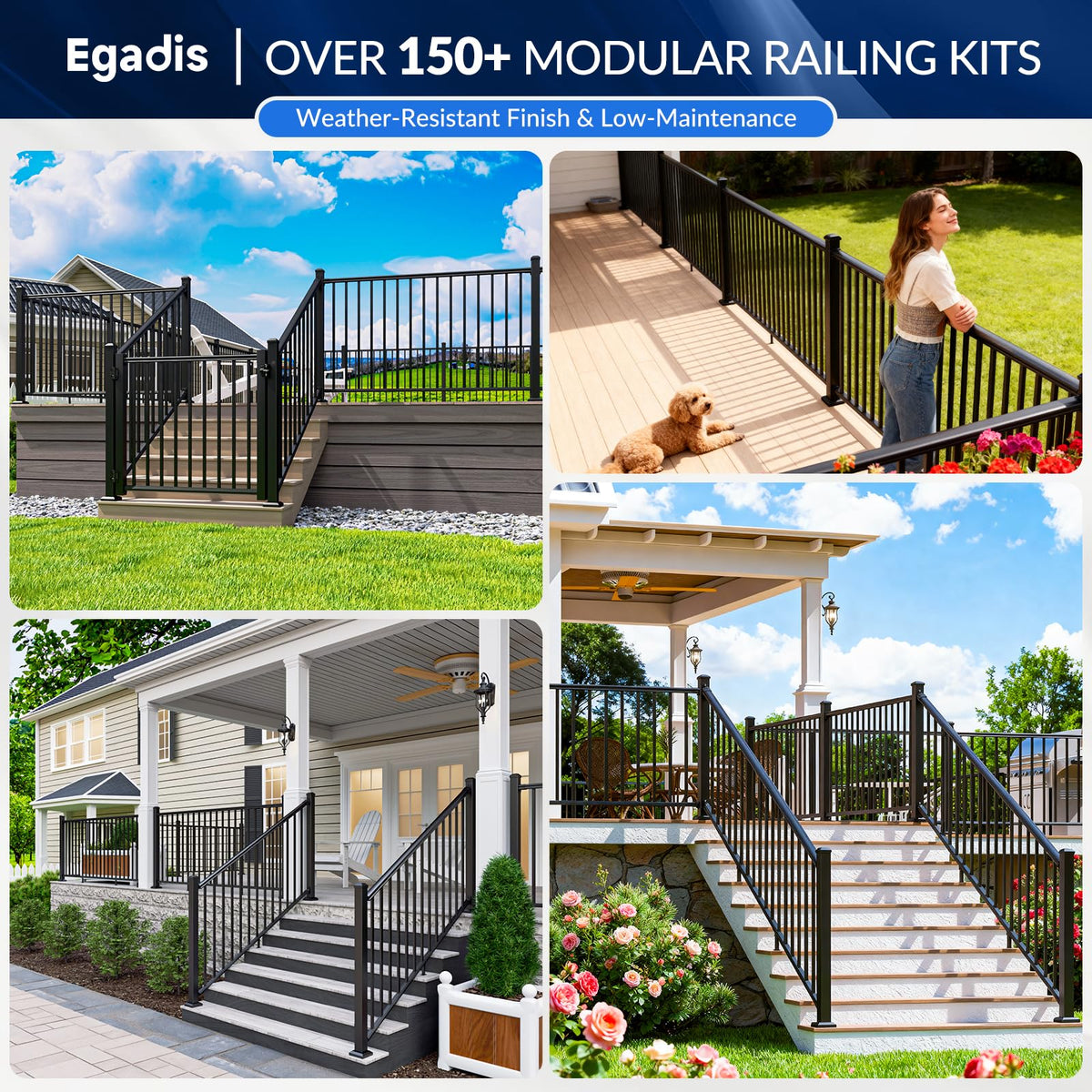 Egadis 36-in H x 12-ft W Aluminum Railing Kit — Black Textured Finish, 2 Post 2 Panel