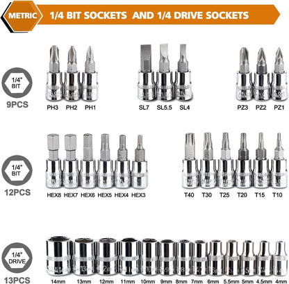 Egofine 46-Piece 1/4-Inch Drive Socket Ratchet Set – Bit Sockets, Extensions, Blue Storage Case