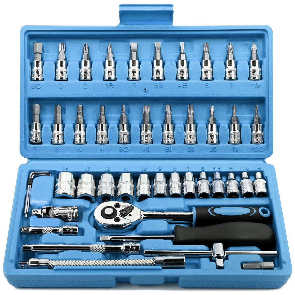 Egofine 46-Piece 1/4-Inch Drive Socket Ratchet Set – Bit Sockets, Extensions, Blue Storage Case