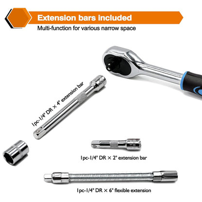 Egofine 46-Piece 1/4-Inch Drive Socket Ratchet Set – Bit Sockets, Extensions, Blue Storage Case
