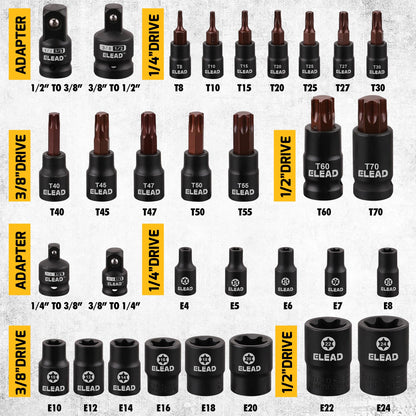 ELEAD 31-Piece Torx Bit Socket Set | 14 Star Bits T8-T70 & 13 E-Torx Sockets E4-E24 | Premium CR-V & S2 Steel