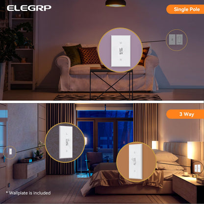 ELEGRP Digital Toggle Dimmer Switch – Smooth LED CFL Incandescent Dimming, Single Pole or 3-Way