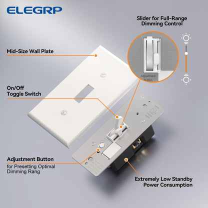 ELEGRP Digital Toggle Dimmer Switch – Smooth LED CFL Incandescent Dimming, Single Pole or 3-Way