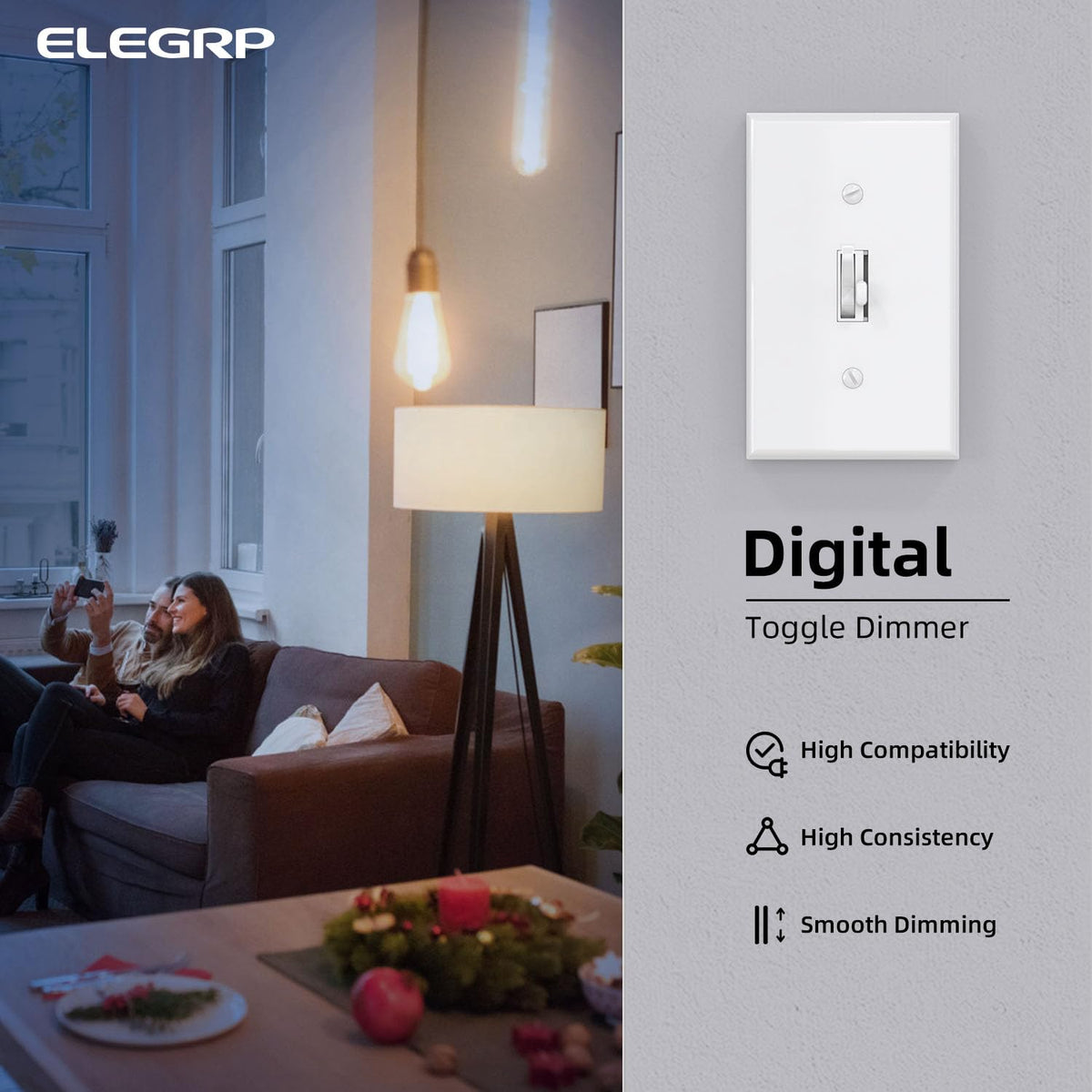 ELEGRP Digital Toggle Dimmer Switch – Smooth LED CFL Incandescent Dimming, Single Pole or 3-Way