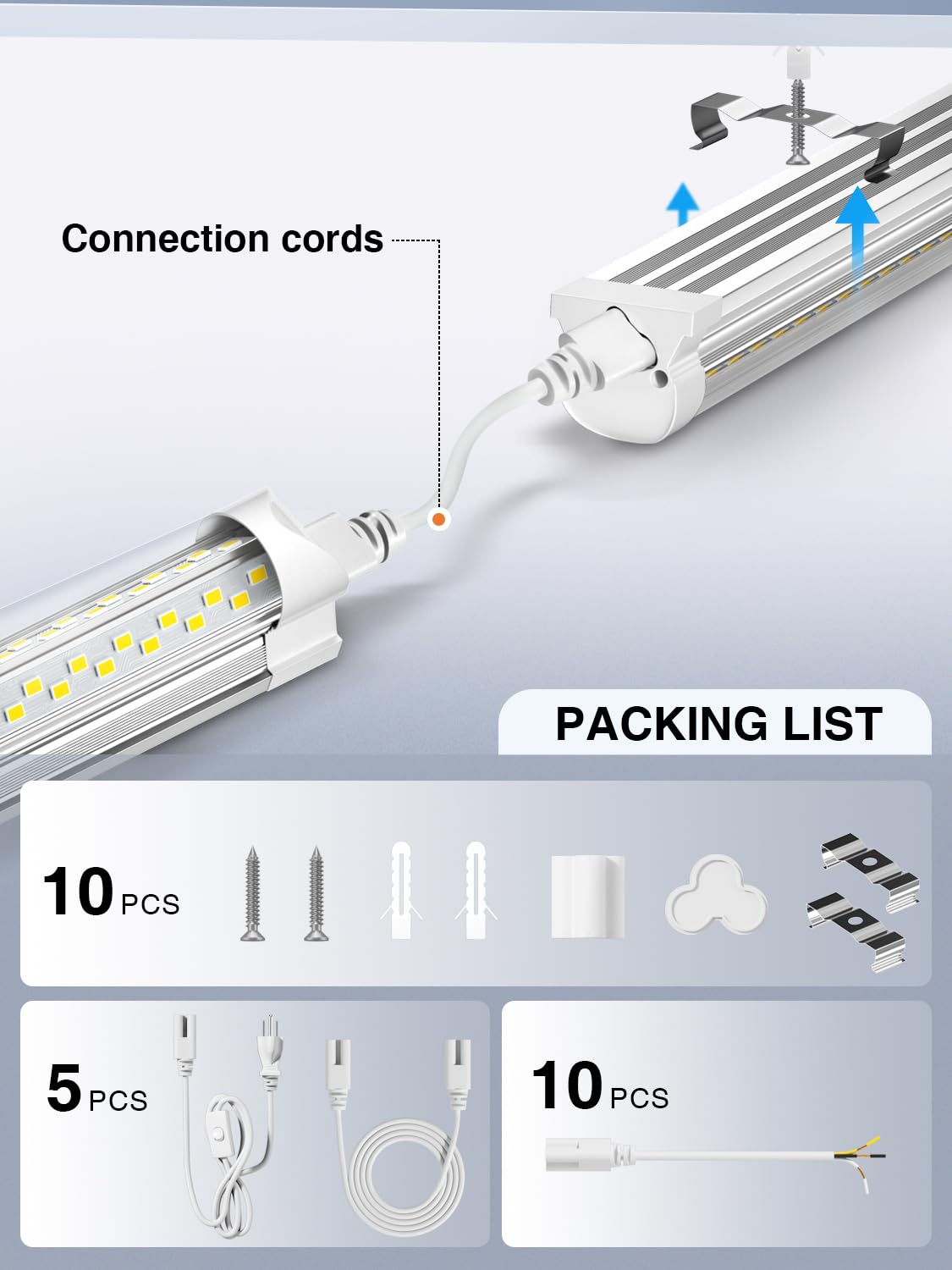 ELEKICO 6 Pack 50W 4ft LED Shop Light — 7500lm, 5000K, V-Shape, Linkable