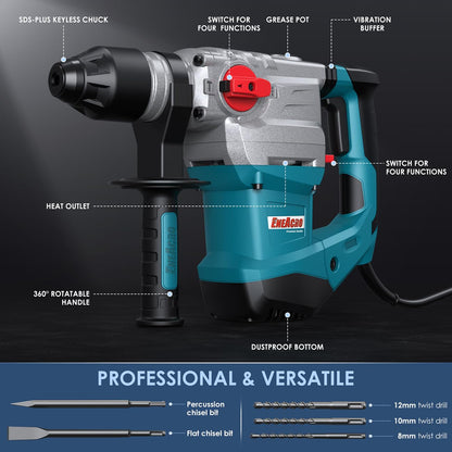 ENEACRO 1-1/4 Inch SDS-Plus 13 Amp Rotary Hammer Drill – 4 Functions with Case