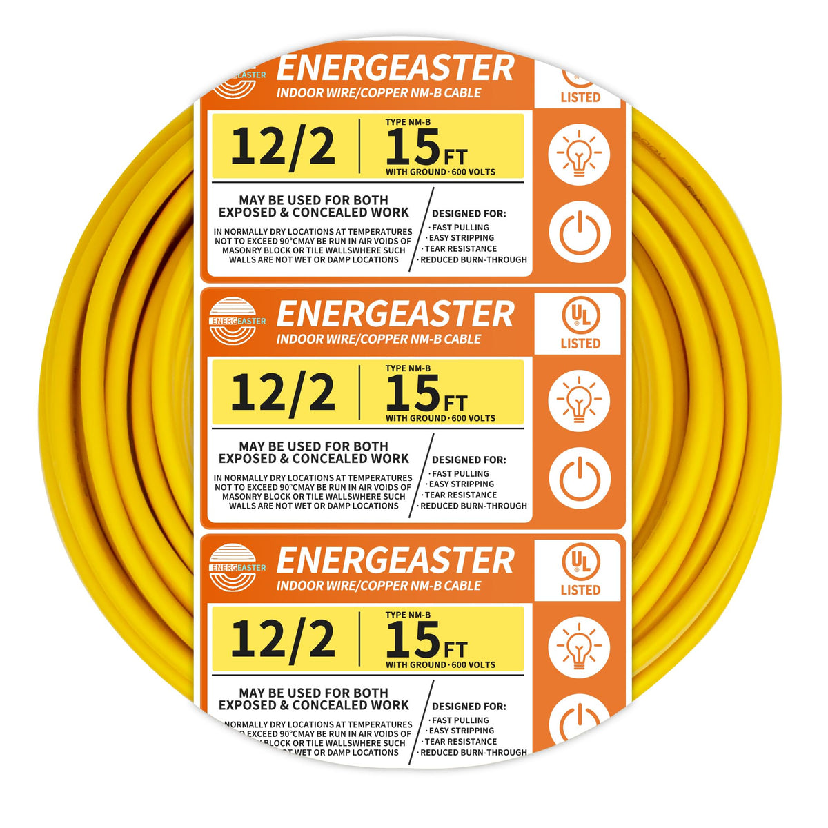 Energeaster Solid Indoor 12/2 NM-B Cable, 15ft Coil – 12 Gauge, Grounded, 600V