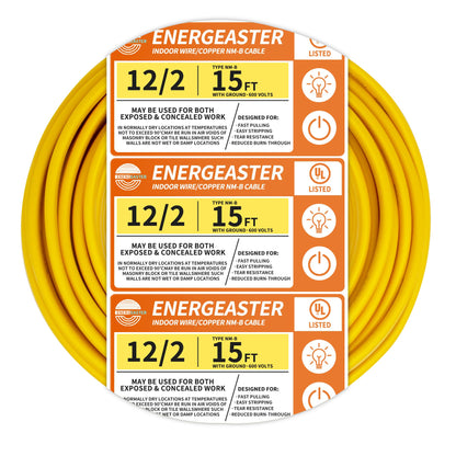 Energeaster Solid Indoor 12/2 NM-B Cable, 15ft Coil – 12 Gauge, Grounded, 600V