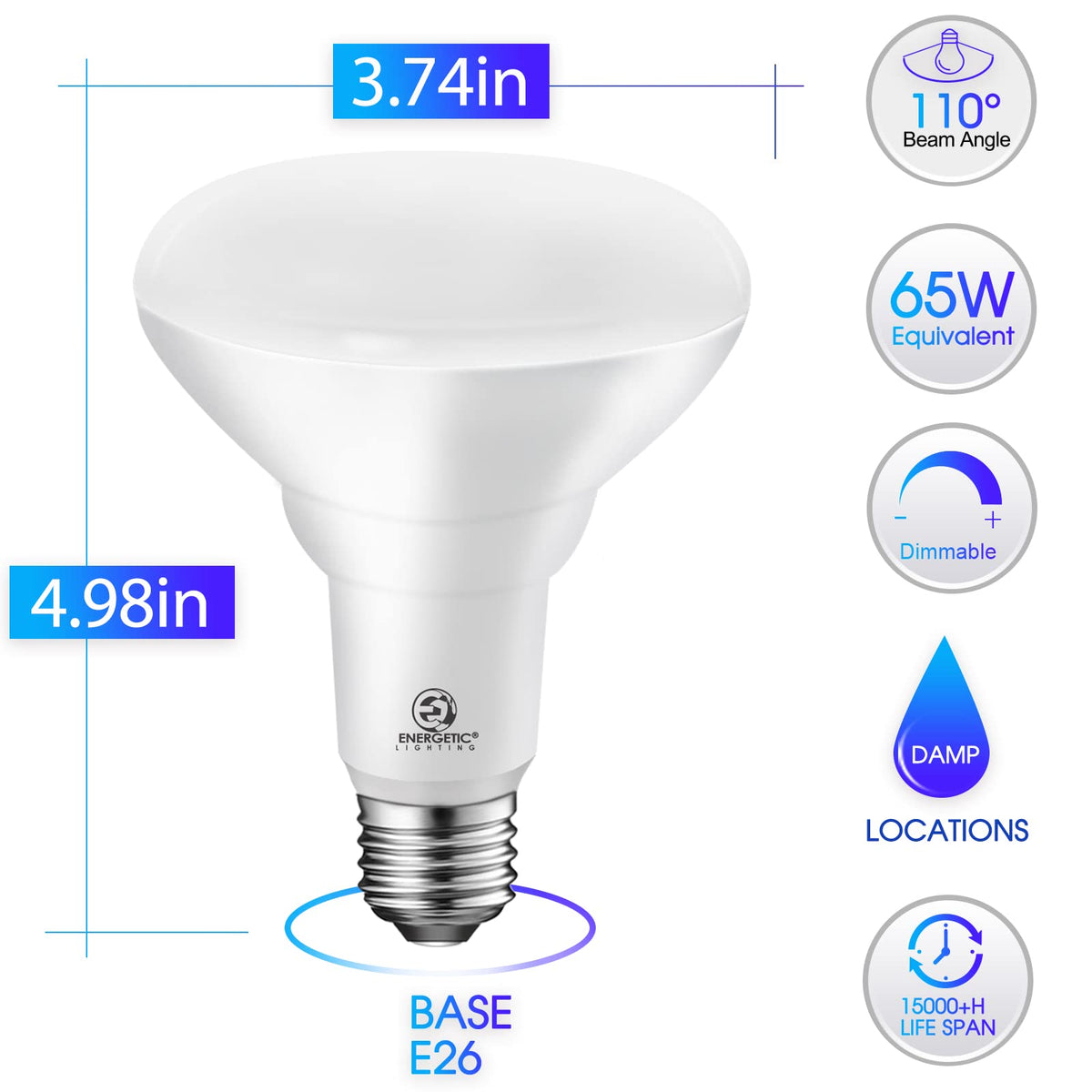 Energetic Lighting BR30 LED Flood Light Bulbs – 65W Equivalent, Dimmable, Daylight 5000K, Damp Rated, 6-Pack