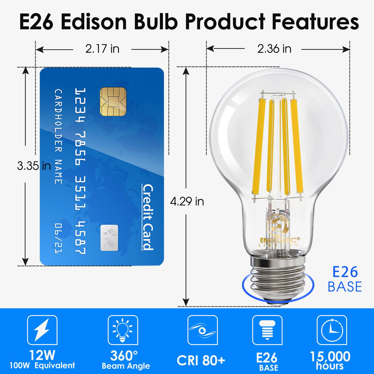 Energetic Lighting Dimmable A19 LED Edison Bulb – 12W (100W Eq), 1600LM, 3000K, E26, 6-Pack