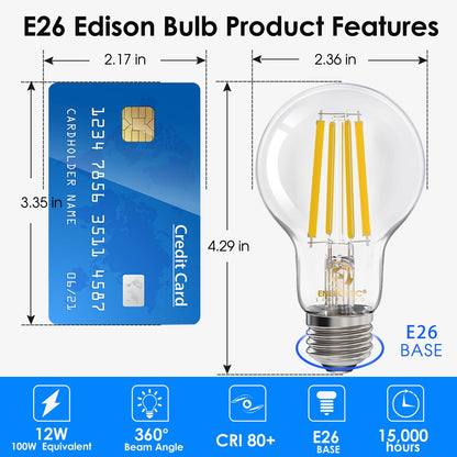 Energetic Lighting Dimmable A19 LED Edison Bulb – 12W (100W Eq), 1600LM, 3000K, E26, 6-Pack